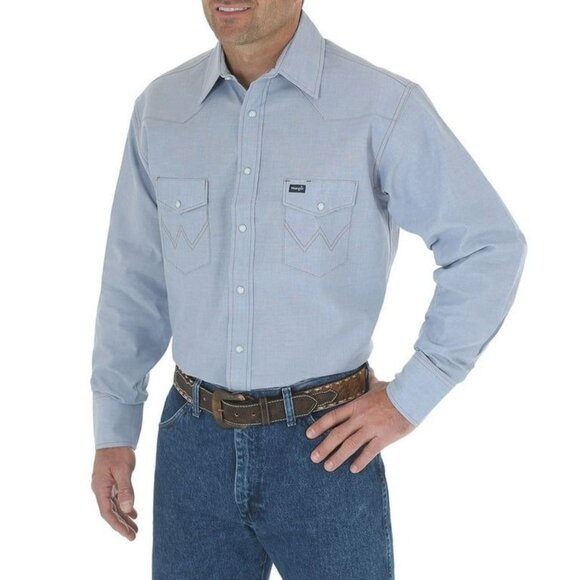 WRANGLER Chambray Blue Long Sleeve Pearl Snap Western Casual Shirt Mens Large - Picture 1 of 7